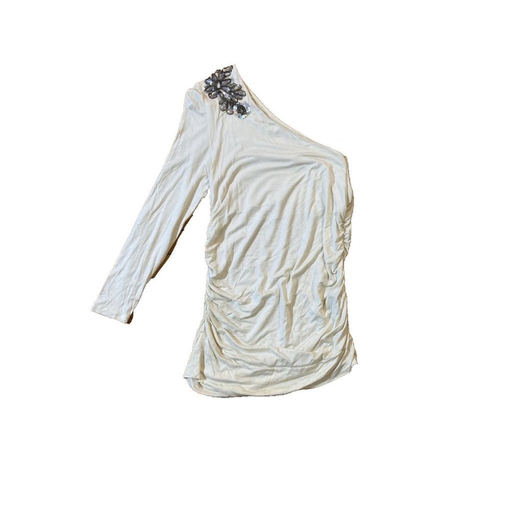 BCBG MAXAZRIA One Shoulder White Long Blouse Size XL Flower accent Long Sleeve